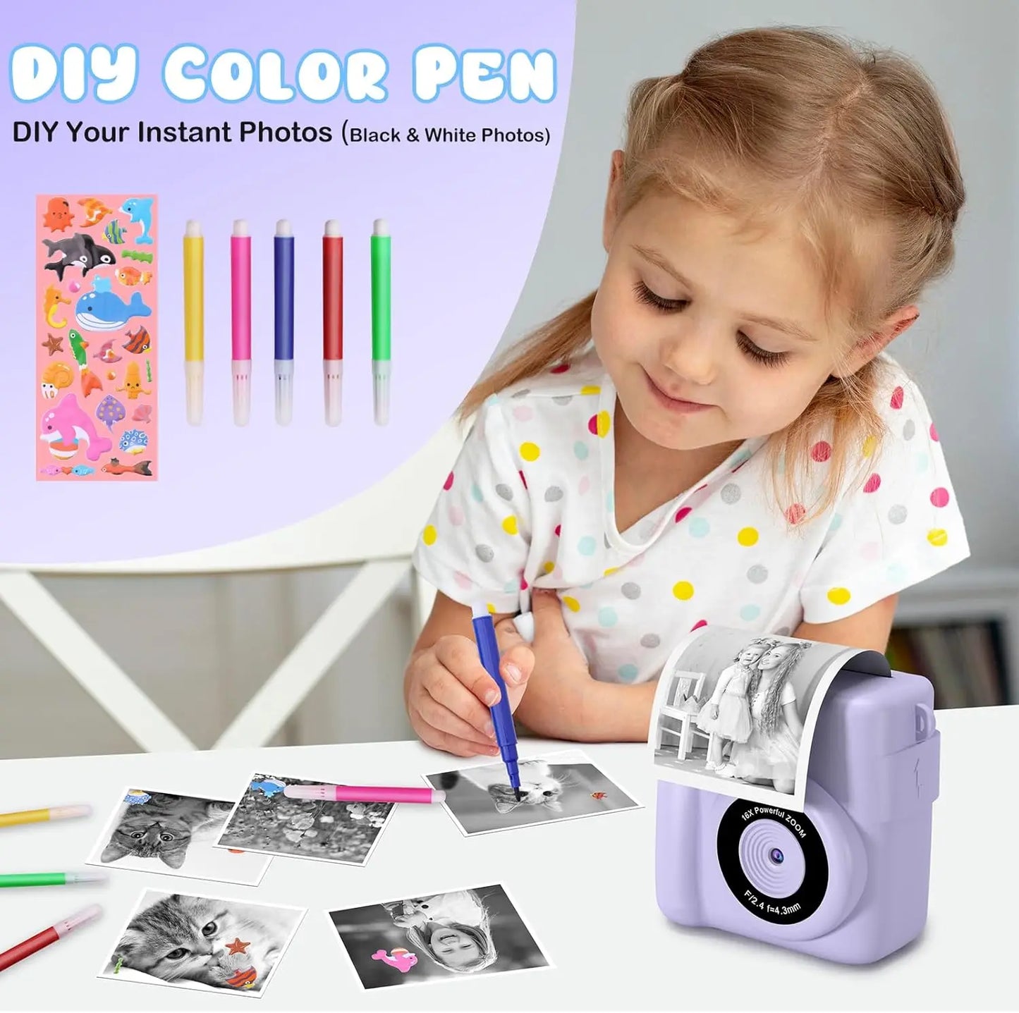 Gofunly Children's Instant Print Camera Thermal Printing Digital Camera 2.4" 1080P Camera Toy For 6-12 Years