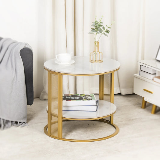 Marble Effect Coffee Table, Large Sofa Side End Table, Golden Metal Frame, 2 Tier, Home Living Room Furniture