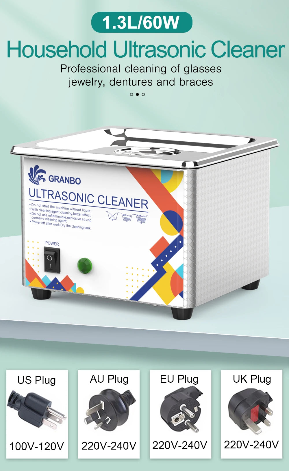 Granbosonic Ultrasonic Cleaner 800ML 1L 40KHz 35W 60W Easy Operation Jewelry Glasses Makeup Washer Bath New Design