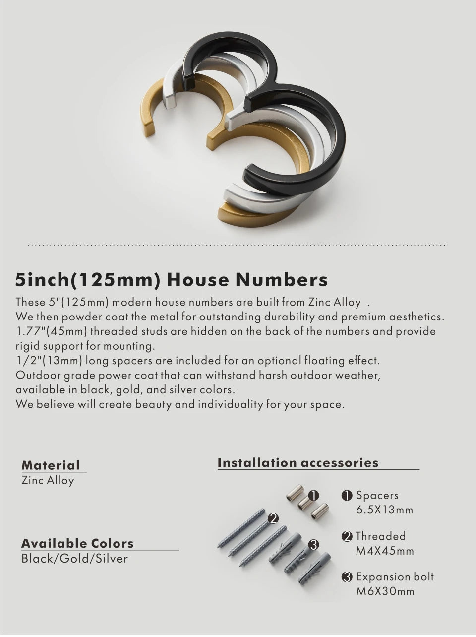 Nurlin 5 inchs 125mm Luxury Address Big House Numbers Modern Gold Black Silver Floating Signage Outdoor Digits Mailbox Sign