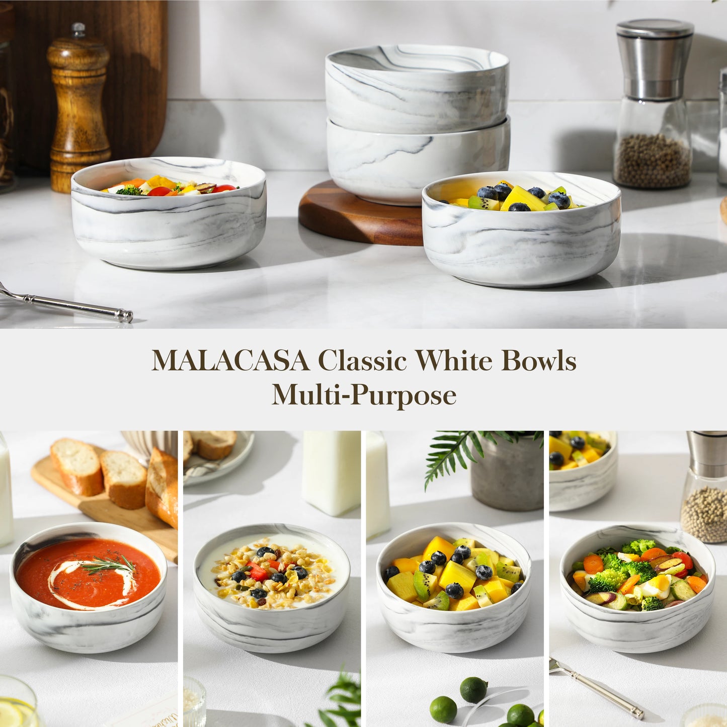 MALACASA 4 Piece Bowl 26oz Ceramic Dinnerware set White Porcelain Plates Grey Marble Tableware Set Cereal Bowls Salad Soup Bowls