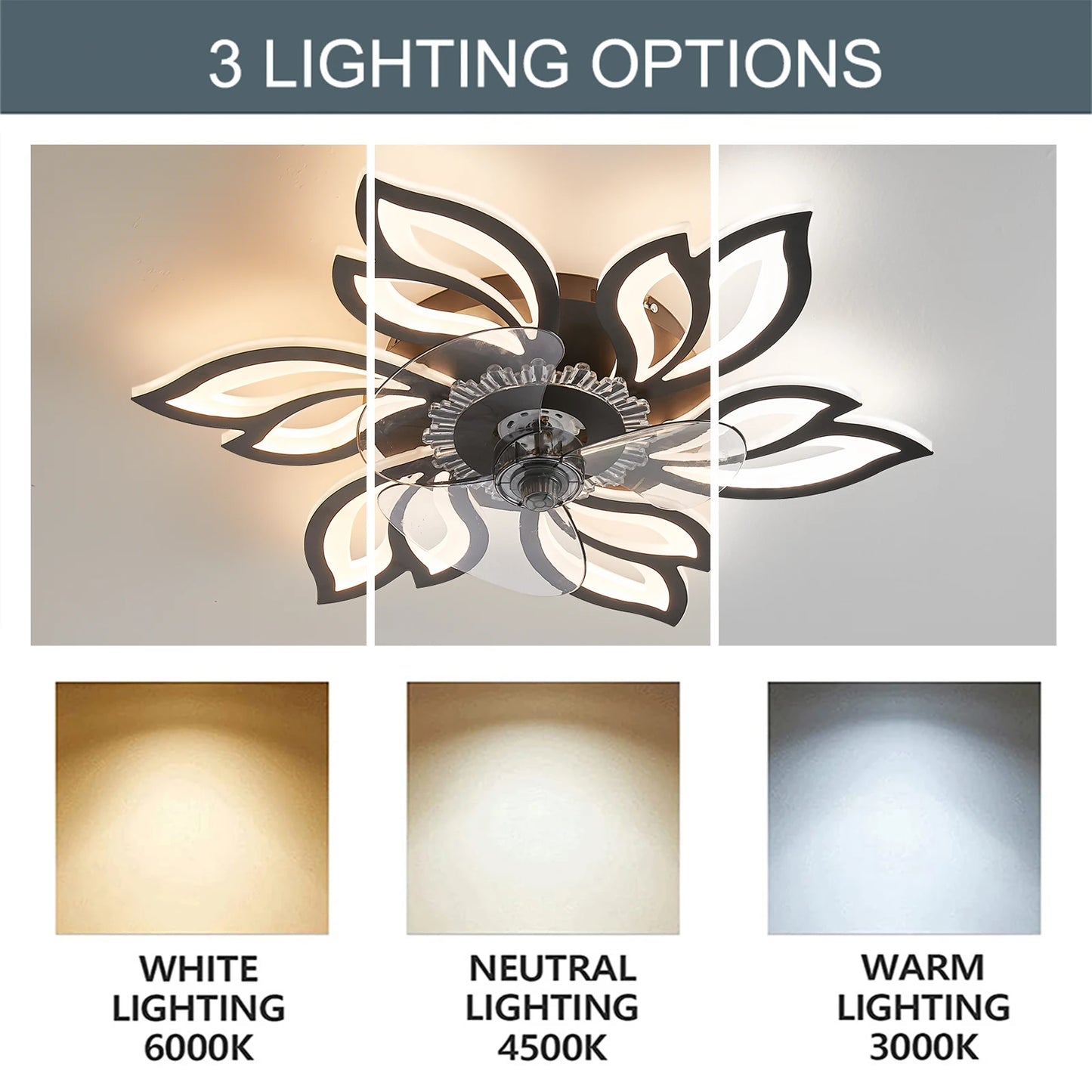 KOMORE Modern Flower Shape Ceiling Fan with Light with 3 Color temperature 6 Speeds for Office, Living Room, Bedroom