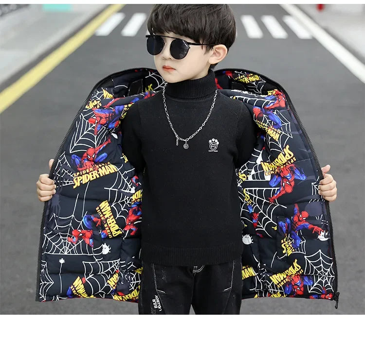 Boys Spiderman Winter Jacket - Thick Warm Hooded Down Parka Coat for Kids