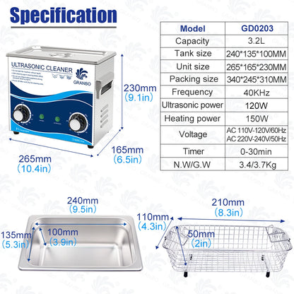 Granbo Ultrasonic Cleaner 3.2L Ultrasound Cleaning Bath 180W Laboratory Ultrasonic Tank Bicycle Chains Cleaning Machine