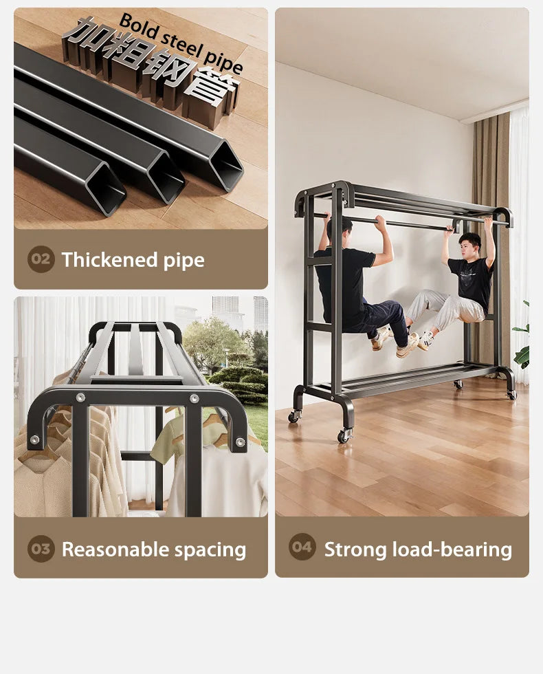 Movable Coat Rack With Universal Wheels Multifunctional Double-deck Simple Clothes Hanger Floor-Standing Bedroom Wardrobe