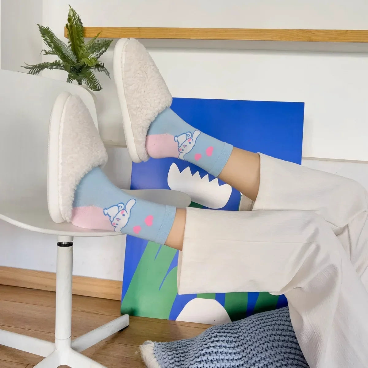 1pair Miniso Cinnamoroll Cartoon socks girl's blue combed cotton mid-tube stockings cute sanrio puppy stockings