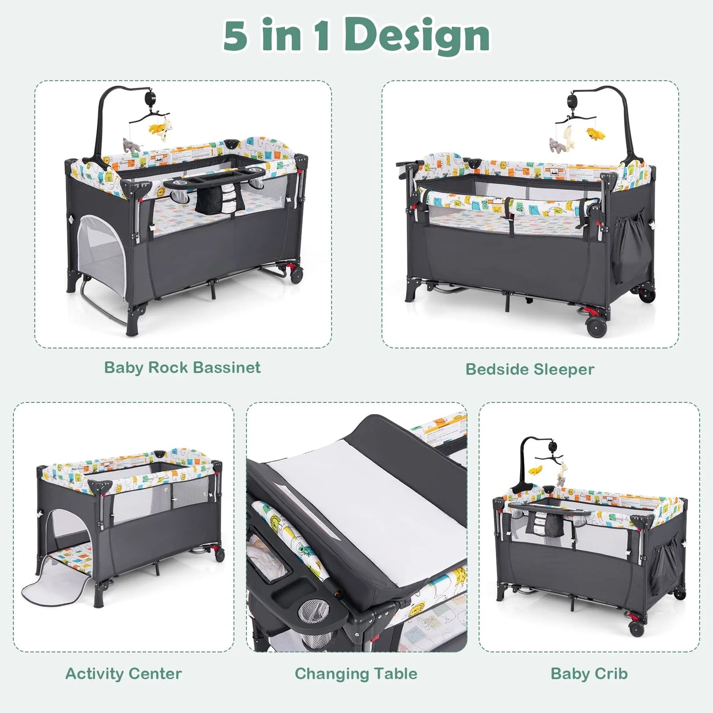 DORTALA 5-in-1 Baby Bassinet Bedside Sleeper Portable Pack and Play-Grey