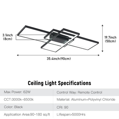 KOMORE Neutral Style Rectangular LED Semi Flush Ceiling Light, Cool White / Stepless Dimming for Office, Living Room
