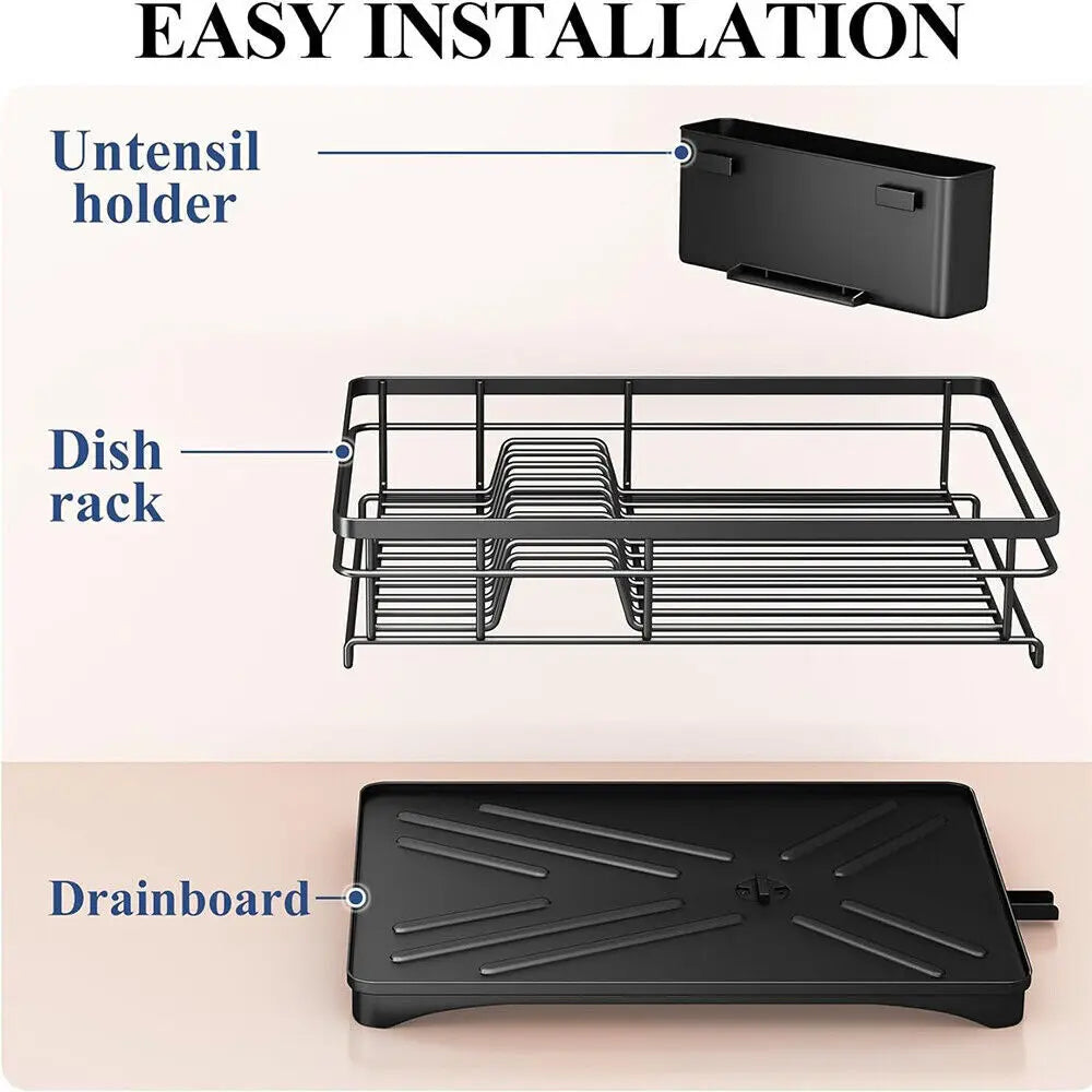 UK Large Kitchen Sink Dish Drainer Rack With Drip Tray And Plate Cutlery Holde
