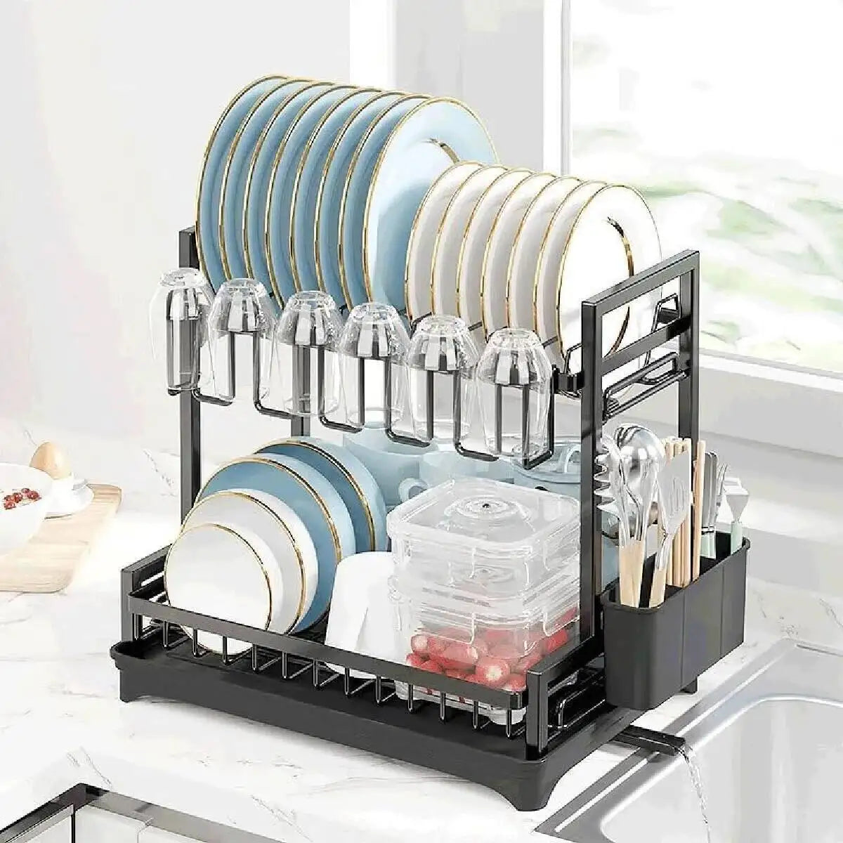 2 Tier Kitchen Sink Dish Drainer Rack With Drip Tray Cutlery Holder Plate Rack**