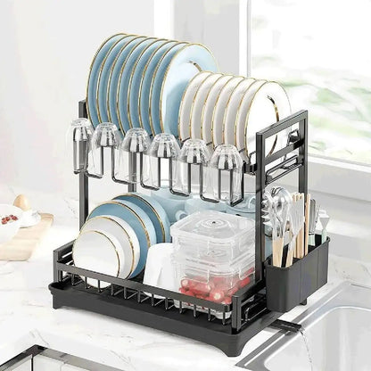 2 Tier Kitchen Sink Dish Drainer Rack With Drip Tray Cutlery Holder Plate Rack**