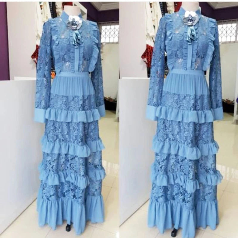 African Dresses for Women Dashiki Classic African Clothes Big Size Fashion Lace Fungus Edge Stitching Long Africa Dress Growns