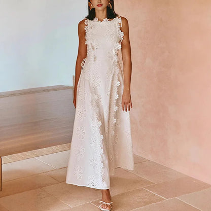 2025 Summer New Fashion Lace Embroidery Women Strap Resort Slimming Long Dress Simple Solid Color Female Banquet Dresses