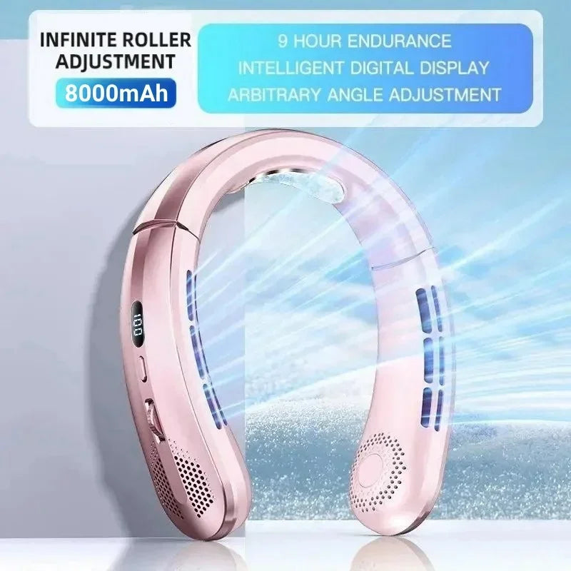 8000mAh USB Hanging Neck Fan Portable Bladeless Mini Rechargeable Mute LED Digital Display Electric Fans Air Cooler New 2025