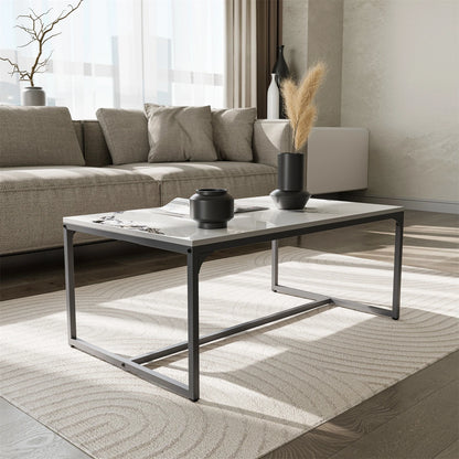 Rechteckiger Couchtisch mit Tuschemalerei-Textur, moderner Chic, Beistelltisch neben dem Sofa, Tischplatte aus Sinterstein, Aluminiumgestell