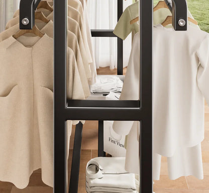 Movable Coat Rack With Universal Wheels Multifunctional Double-deck Simple Clothes Hanger Floor-Standing Bedroom Wardrobe