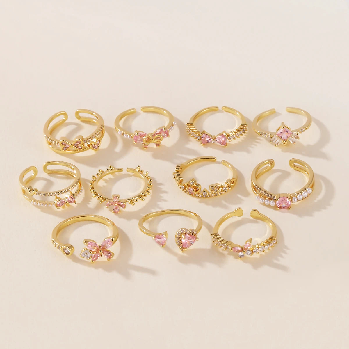 Pink Zircon Bow Heart Rings For Women Gold Plated 18K Plated Adjustable Heart Ring 2026 Trend Wedding Aesthetic Jewelry Gift