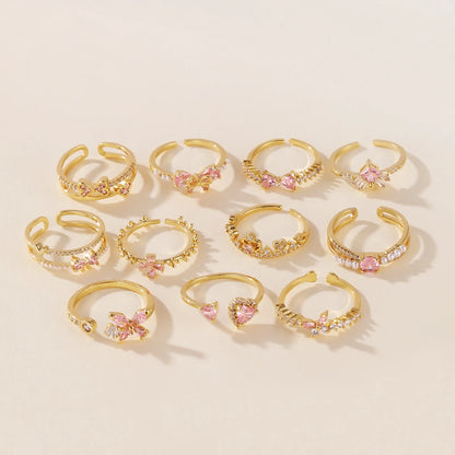 Pink Zircon Bow Heart Rings For Women Gold Plated 18K Plated Adjustable Heart Ring 2026 Trend Wedding Aesthetic Jewelry Gift