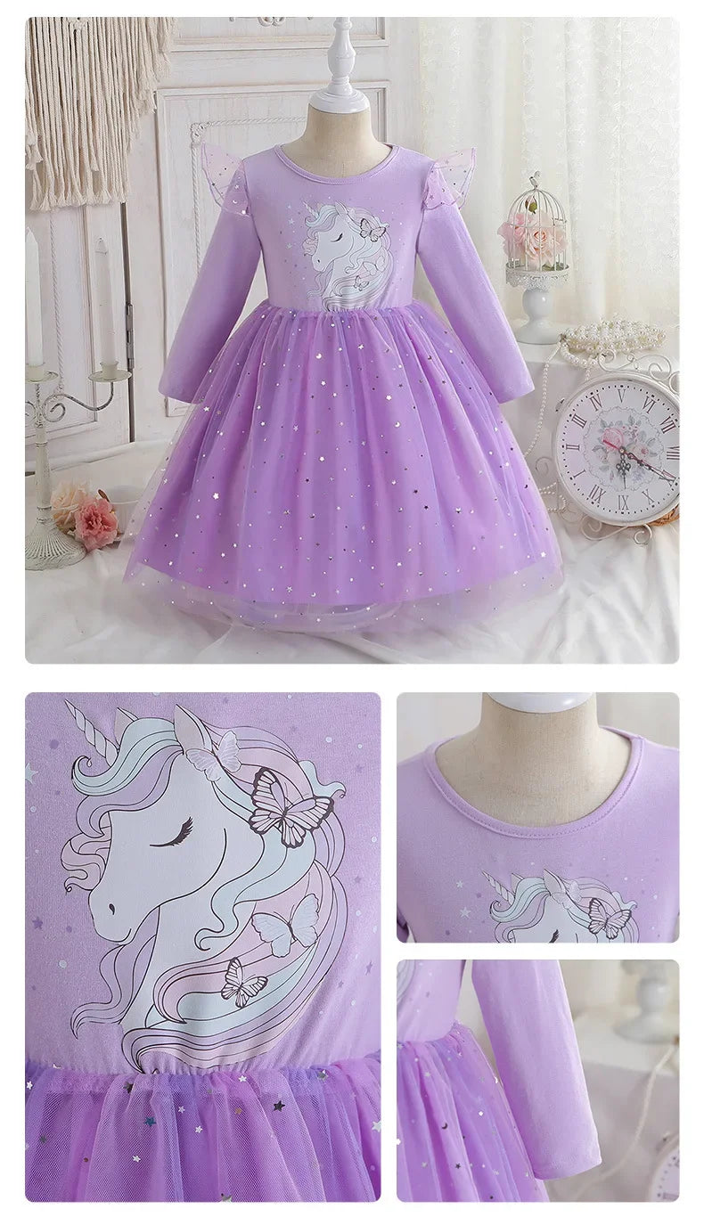 2024 Girls Long Sleeve Unicorn Birthday Dress Casual Children's Wear Rainbow Princess Skirt Sequins Mesh Gown