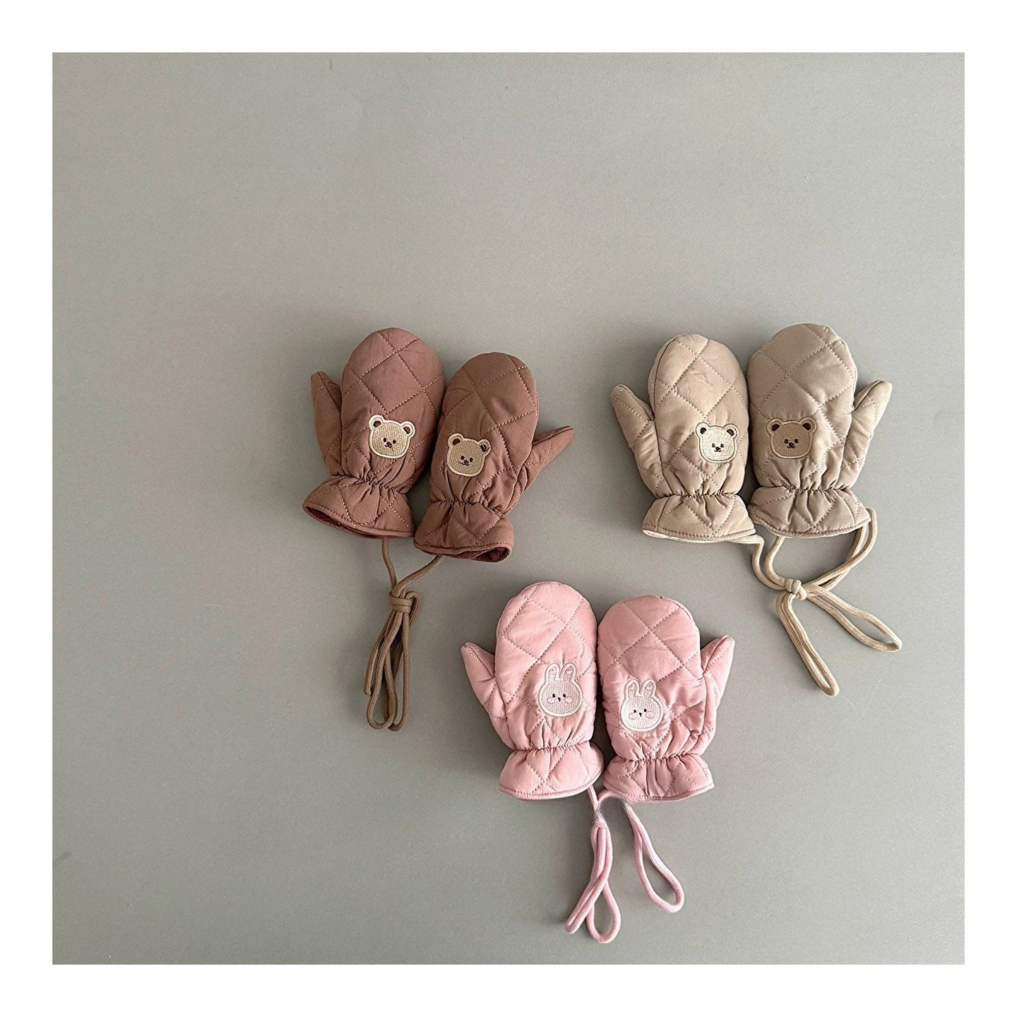 Kids Winter Gloves with Neck String - Warm Cartoon Mittens for Toddlers