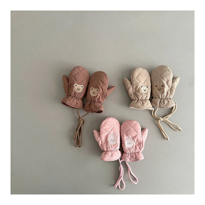 Kids Winter Gloves with Neck String - Warm Cartoon Mittens for Toddlers