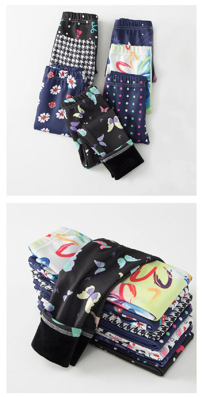 Girls Winter Leggings - Warm Plush Thickened Butterfly Print Pants for Kids