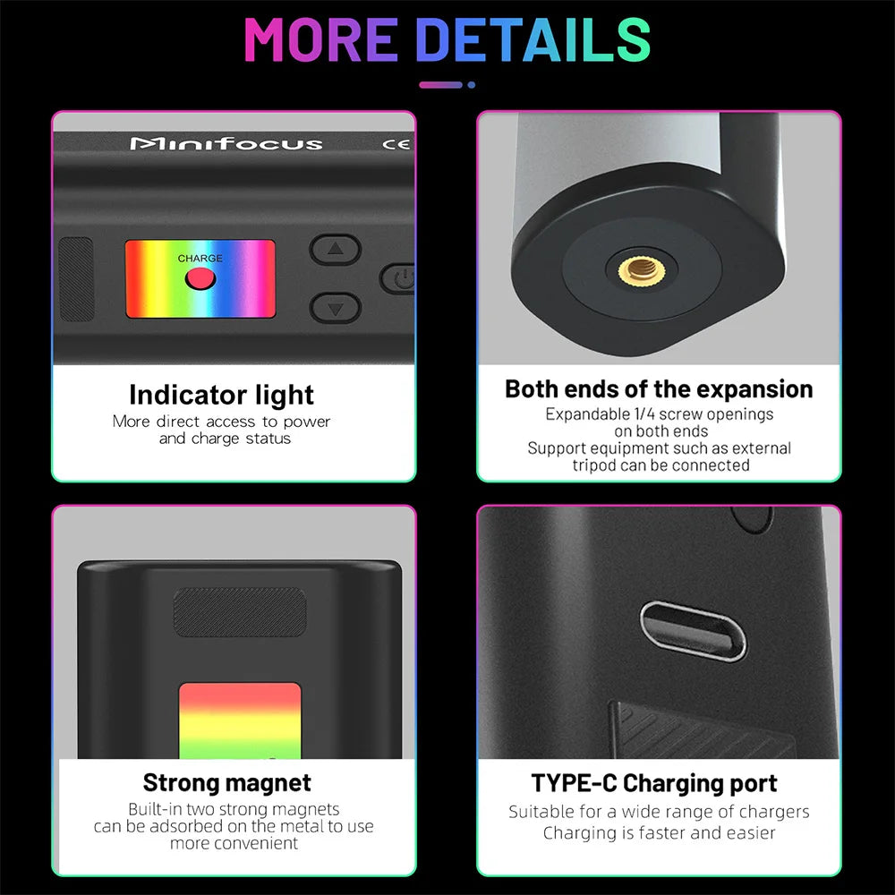 Minifocus Mini RGB Tube Light Handheld led Photography Stick Video Wand Fill Lamp Magnetic 2500-9000K for Vlog Youtube TikTok