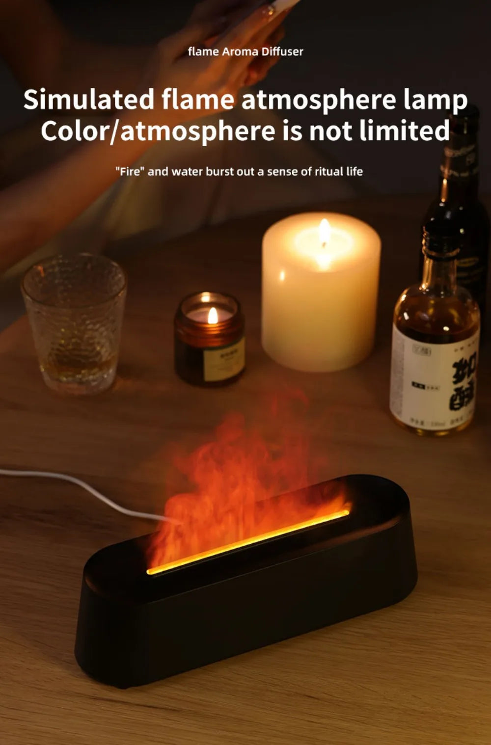 Luftbefeuchter mit Flammen-Aromatherapie-Diffusor, der ätherische Öle in 7 Farben aufnehmen kann, mit Timer und USB-Anschluss für den Schreibtisch.