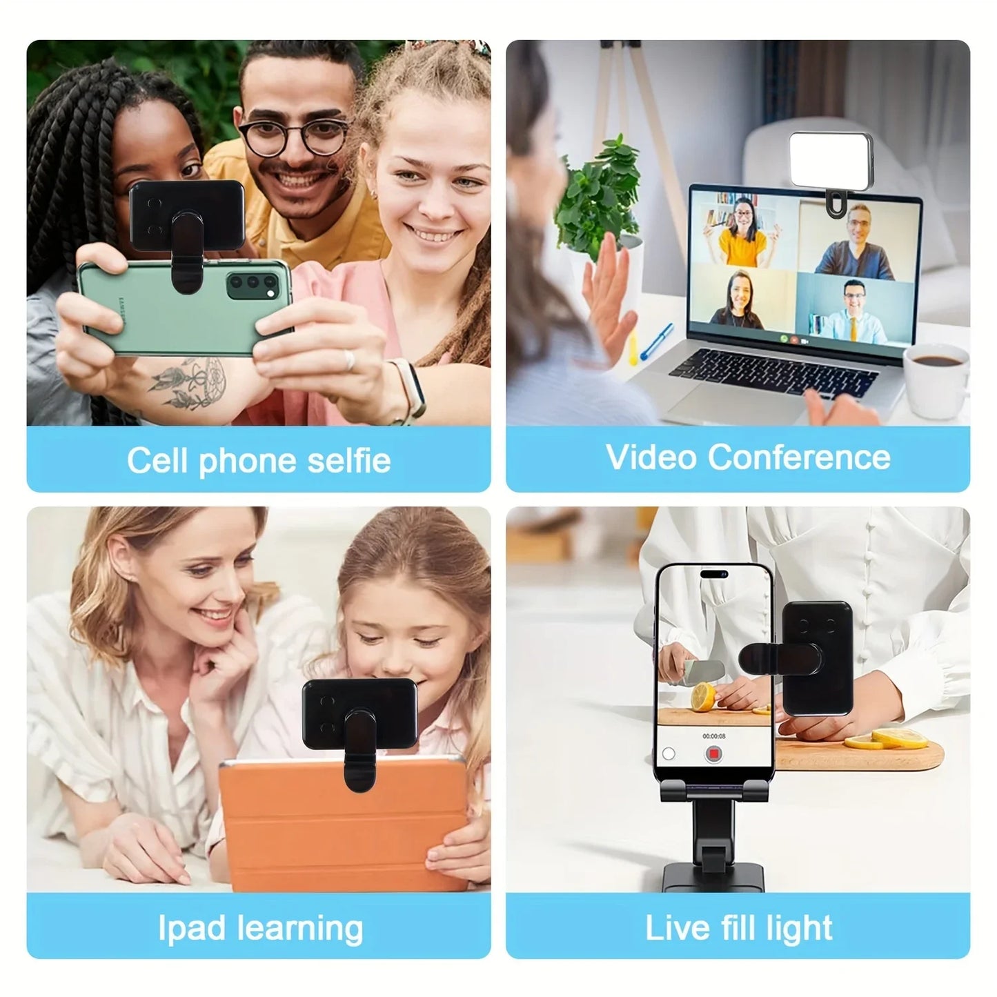 Selfie Fill Light – Mini Clip-on LED, Rechargeable, 3 Color Modes & Adjustable Brightness for Phones & Computers