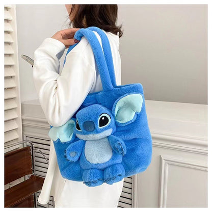Disney 2025 New Cartoon Plush Doll Shoulder Bag Sweet and Cute Stitch Strawberry Bear Soft Cute Girls Handbag
