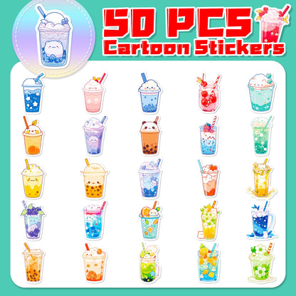 50PCS Cute Pearl Milk Tea Cartoon  Graffiti Stickers DIY Phone Guitar Laptop Notebook Suitcase Cup Waterproof Sticker Kids Toy