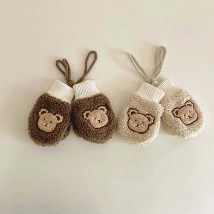 Lamb Fleece Baby Plush Mittens Cute Bear Kids Hanging Neck Glove 1-4Year Boy Girl Children Winter Full Finger Gloves Hand Warmer