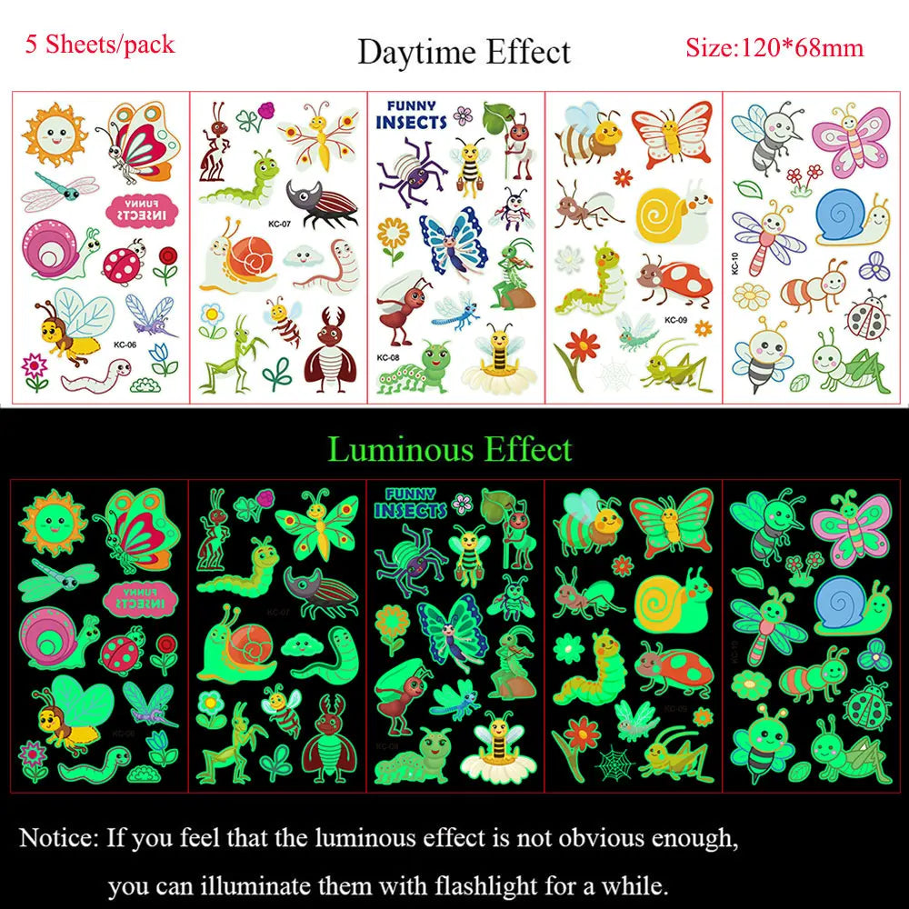 5 Sheets Luminous Tattoo Stickers Colorful Animal Mermaid Dinosaur Temporary Tattoos for Hand  Body Fake Tattoo Waterproof