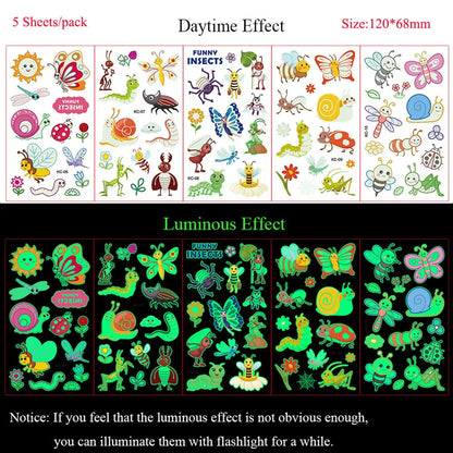 5 Sheets Luminous Tattoo Stickers Colorful Animal Mermaid Dinosaur Temporary Tattoos for Hand  Body Fake Tattoo Waterproof