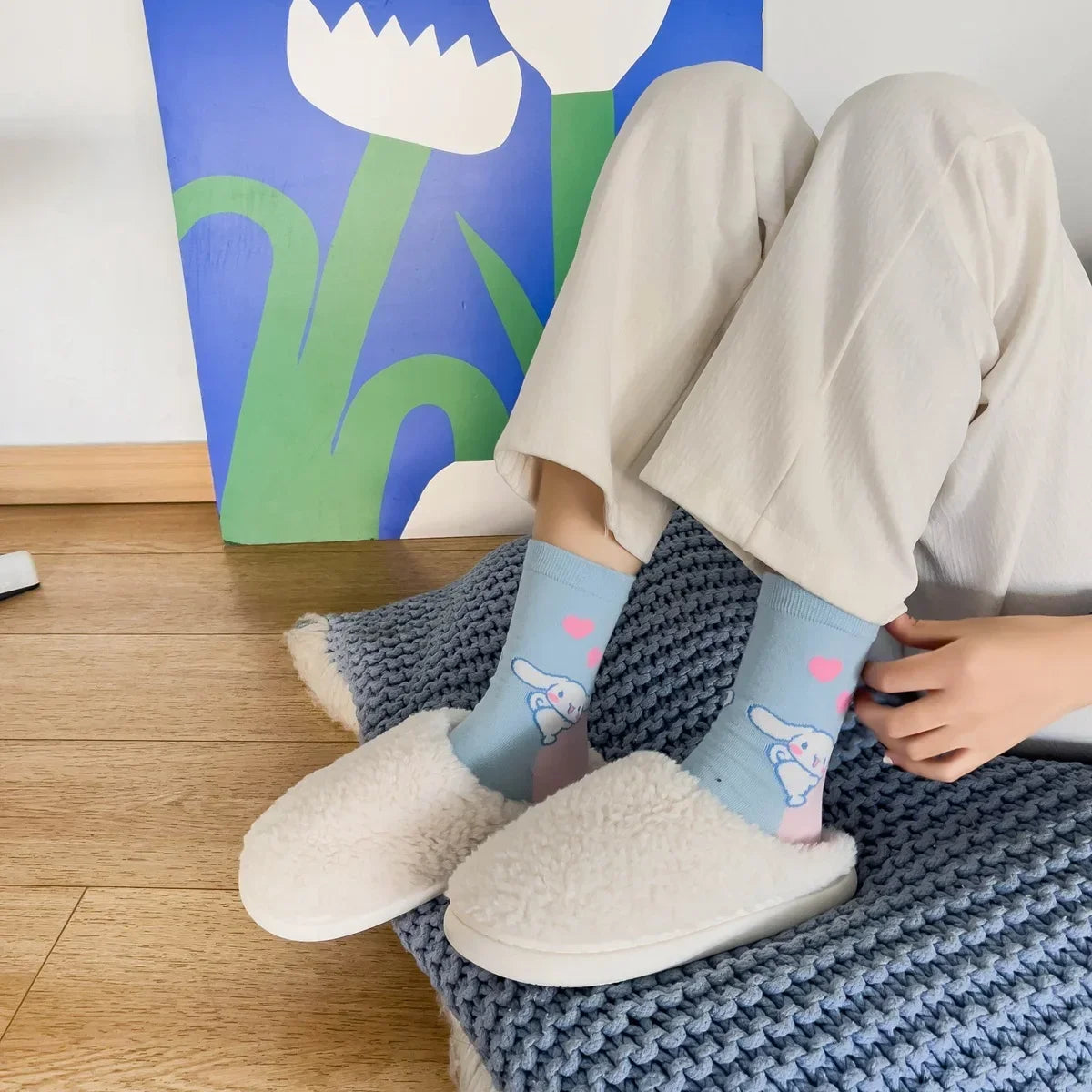 1pair Miniso Cinnamoroll Cartoon socks girl's blue combed cotton mid-tube stockings cute sanrio puppy stockings