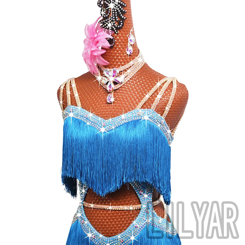 New professional Latin dance competition performance dress with sea blue tassel short open waist sparkling diamond dance skirt