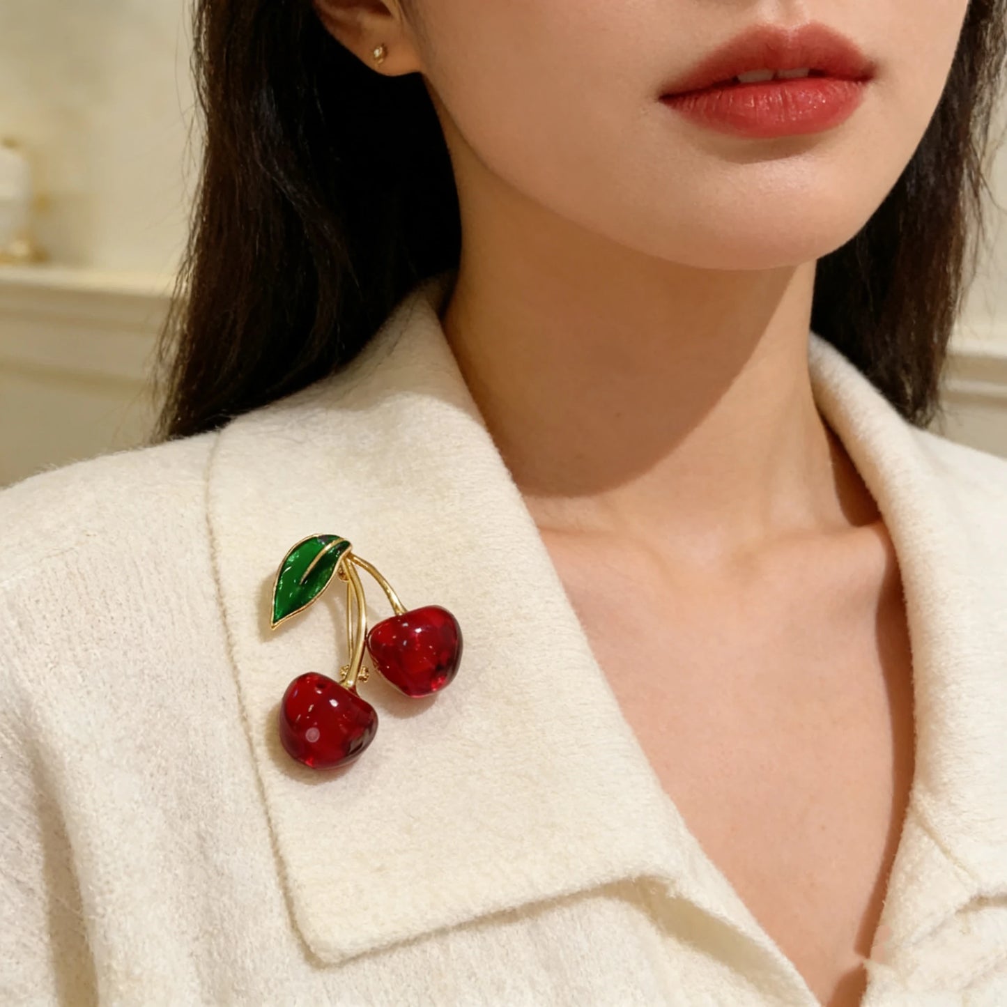 Fashion Crystal Dark Red Cherry Brooches For Women Clothing Cute Alloy Crystal Fruit Enamel Pins Party Jewelry Gifts