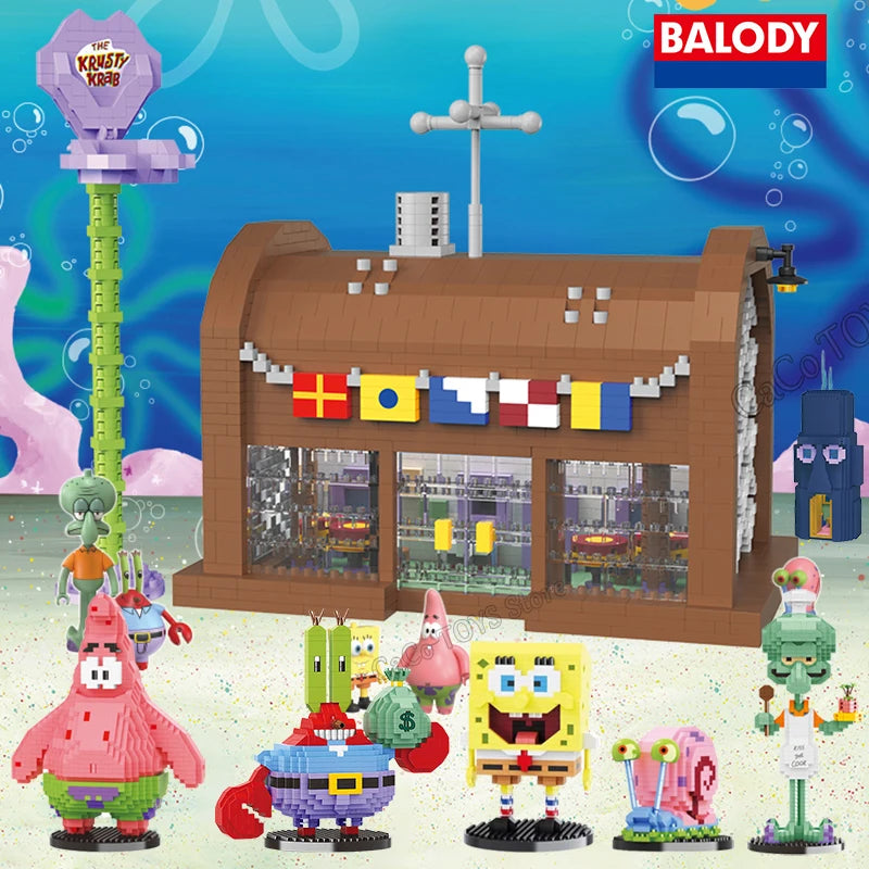 Spongebob Cartoon Krusty Krab Restaurant Building Blocks Creative Canteen Scenes Model Bricks Desktop Ornaments Toy For Kid Gift