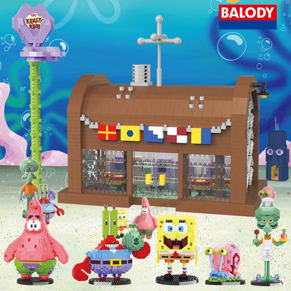 Spongebob Cartoon Krusty Krab Restaurant Building Blocks Creative Canteen Scenes Model Bricks Desktop Ornaments Toy For Kid Gift