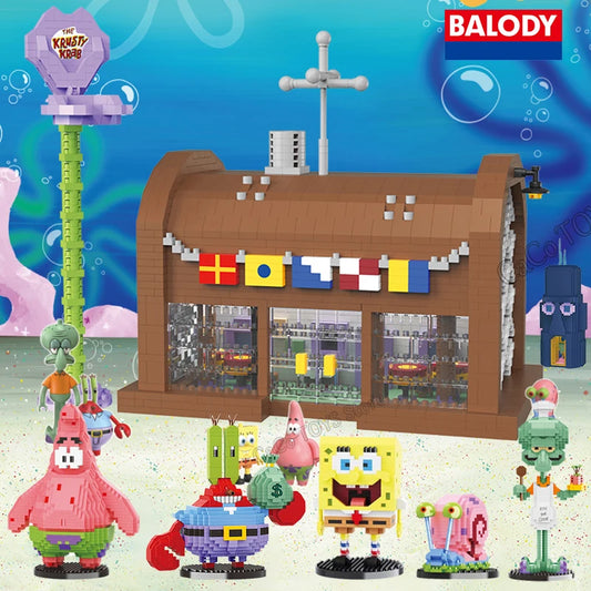 Spongebob Cartoon Krusty Krab Restaurant Building Blocks Creative Canteen Scenes Model Bricks Desktop Ornaments Toy For Kid Gift