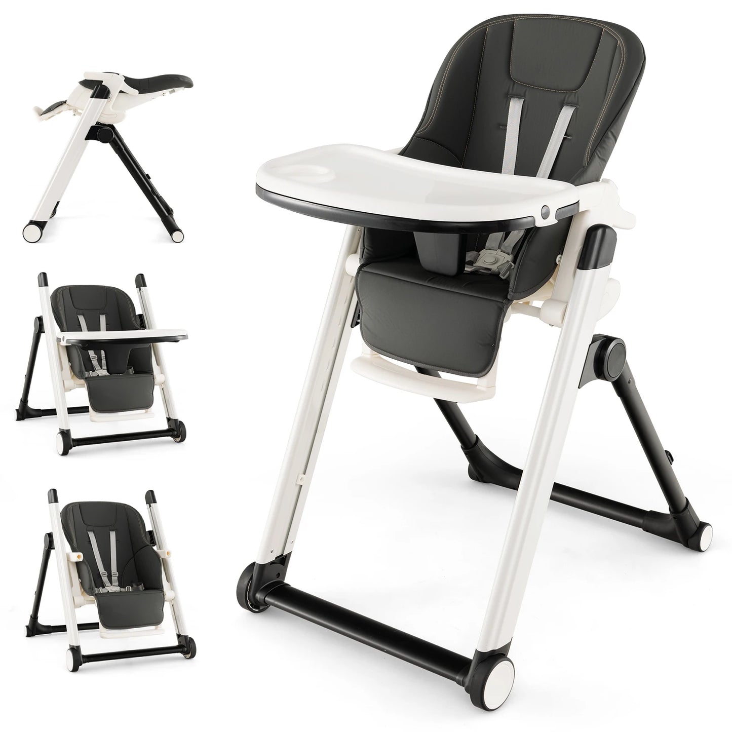GOFLAME Foldable Baby High Chair Feeding Chair With Recline Backrest Detachable Trays