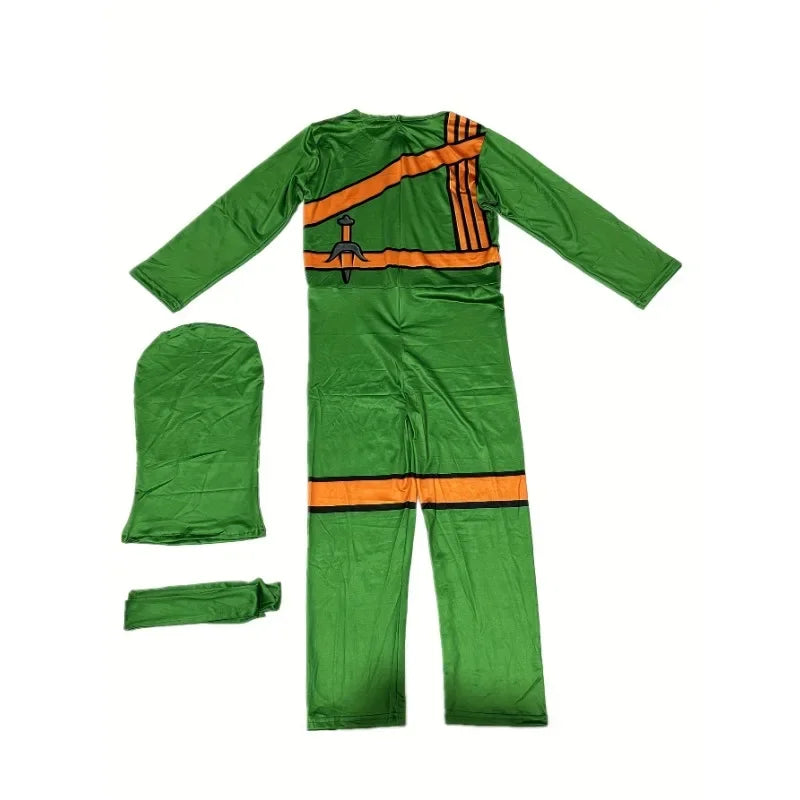 Boys Japanese Ninja Costume with Cartoon Anime Print Red Jumpsuit, Mask and Ninja Fork Accessory Set Halloween Dress Up Party