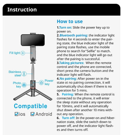 Selfie Stick with Fill Light Tripod with Bluetooth Remote Shutter Retractable Rod for iPhone Xiaomi Huawei for Phone Video Live