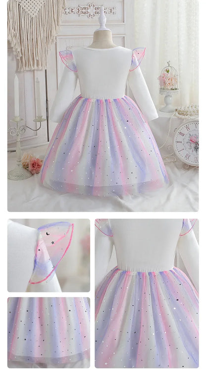 2024 Girls Long Sleeve Unicorn Birthday Dress Casual Children's Wear Rainbow Princess Skirt Sequins Mesh Gown