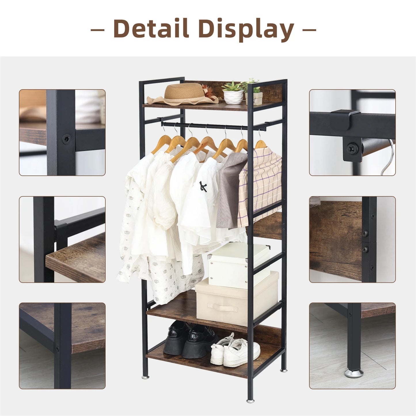 Heavy Duty Garment Rack, Wardrobe Storage Rack, Hall Tree Clothes Rack, Adjustable Shelves, Portable Organizer