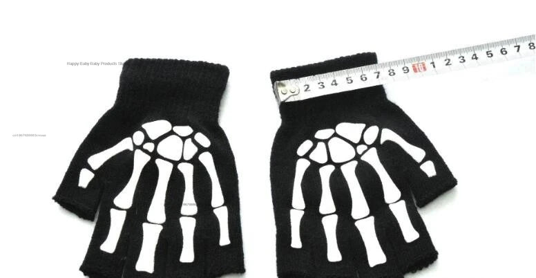 1pair New 5-11T Kids Halloween Skeleton Skull Half Finger Luminous Punk Gloves Winter Skull Fingerless Black Mitten