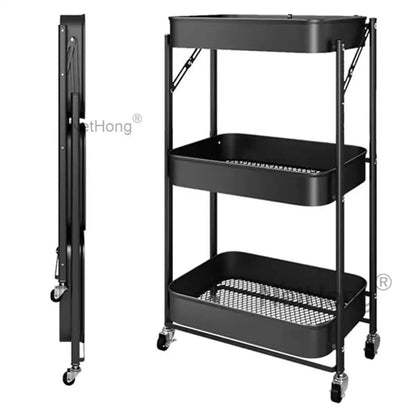 3 Tier Metal Folding Trolley Cart Storage Rack Rolling Shelf Beauty Office Wheel