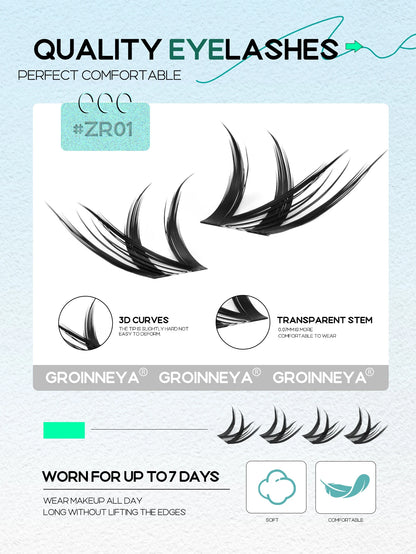 GROINNEYA Cluster Eyelashes Cat Eye Lashes Natural long Lashes Individual Lashes Mixed Tray Eyelash Extension Diy Lashes