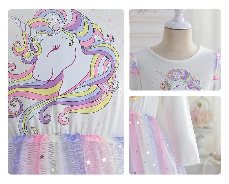 2024 Girls Long Sleeve Unicorn Birthday Dress Casual Children's Wear Rainbow Princess Skirt Sequins Mesh Gown