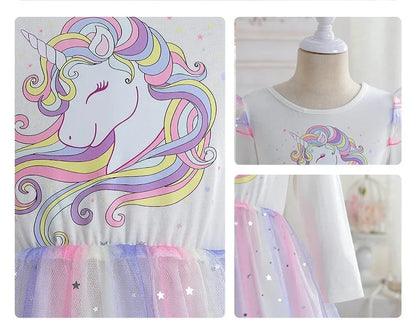 2024 Girls Long Sleeve Unicorn Birthday Dress Casual Children's Wear Rainbow Princess Skirt Sequins Mesh Gown